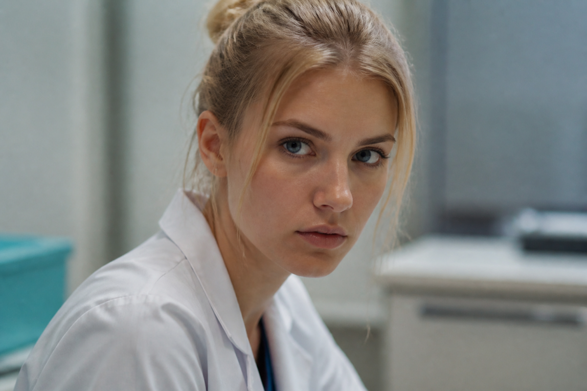 Actrice polonaise en blouse blanche médicale, regard intense