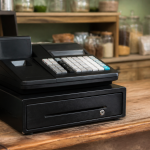 Caisse enregistreuse noire posee sur comptoir commerce pret utilisation