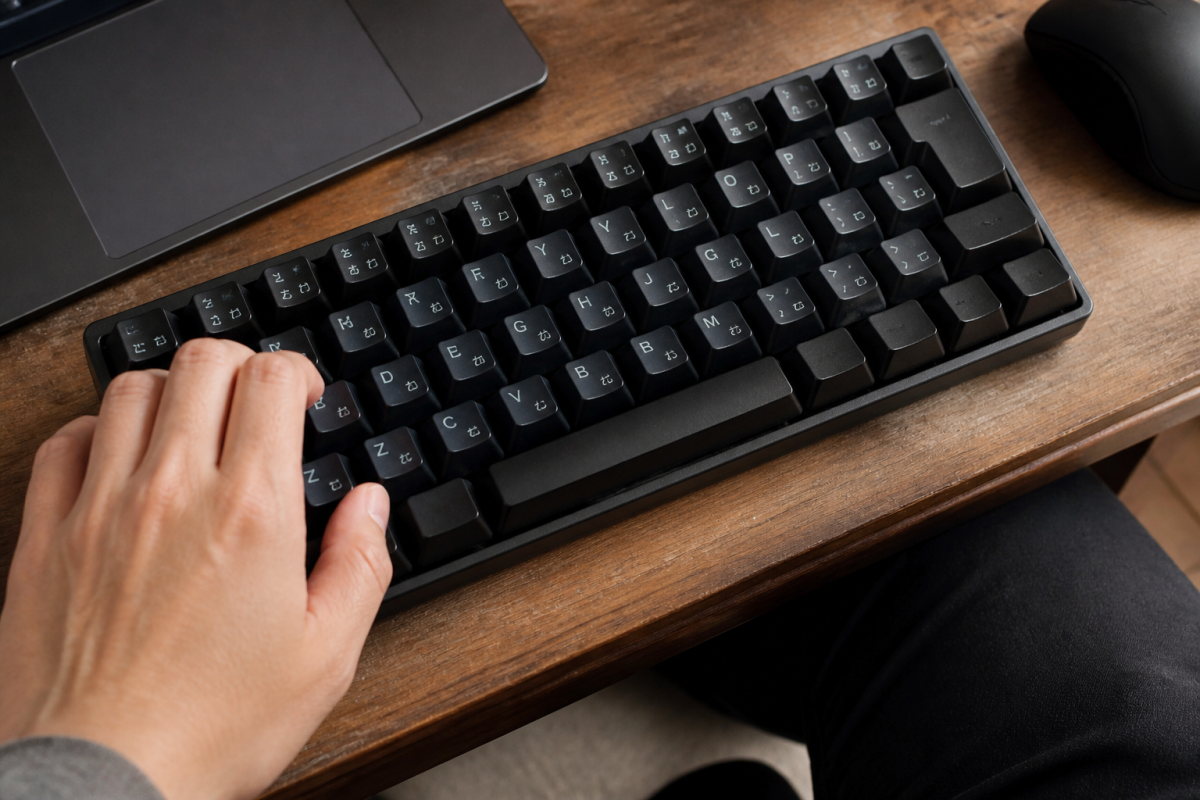 Clavier QWERTY affichant caracteres japonais convertis en temps reel