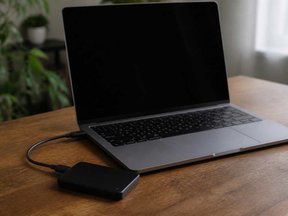 Disque dur externe branché sur ordinateur portable, écran vide