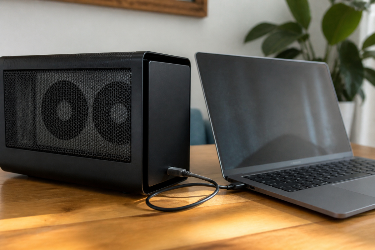 Boitier eGPU noir connecte au laptop via cable Thunderbolt