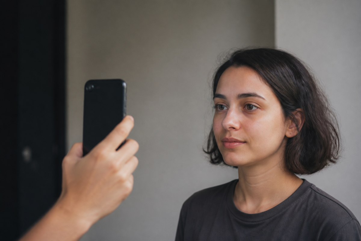 Personne tenant iPhone à distance pour scan visage éclairé