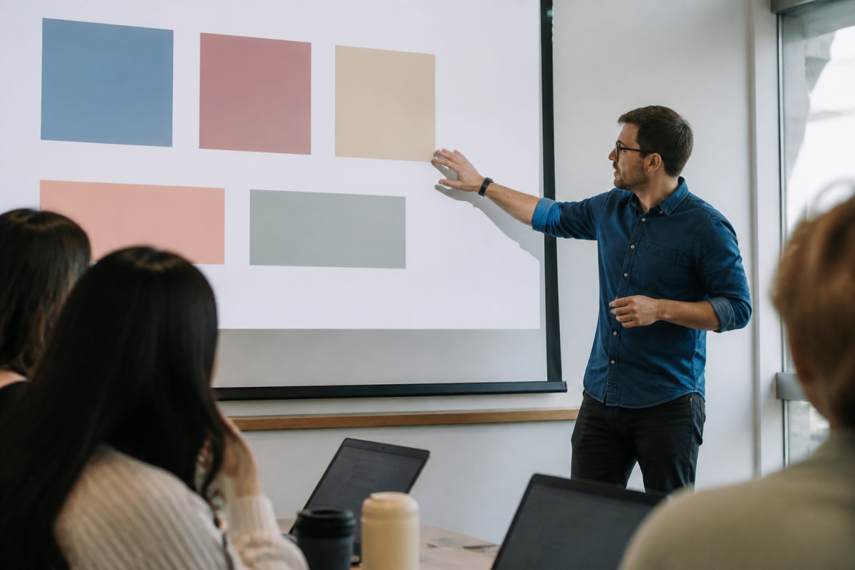 Professionnel présentant diapositives colorées sur écran blanc