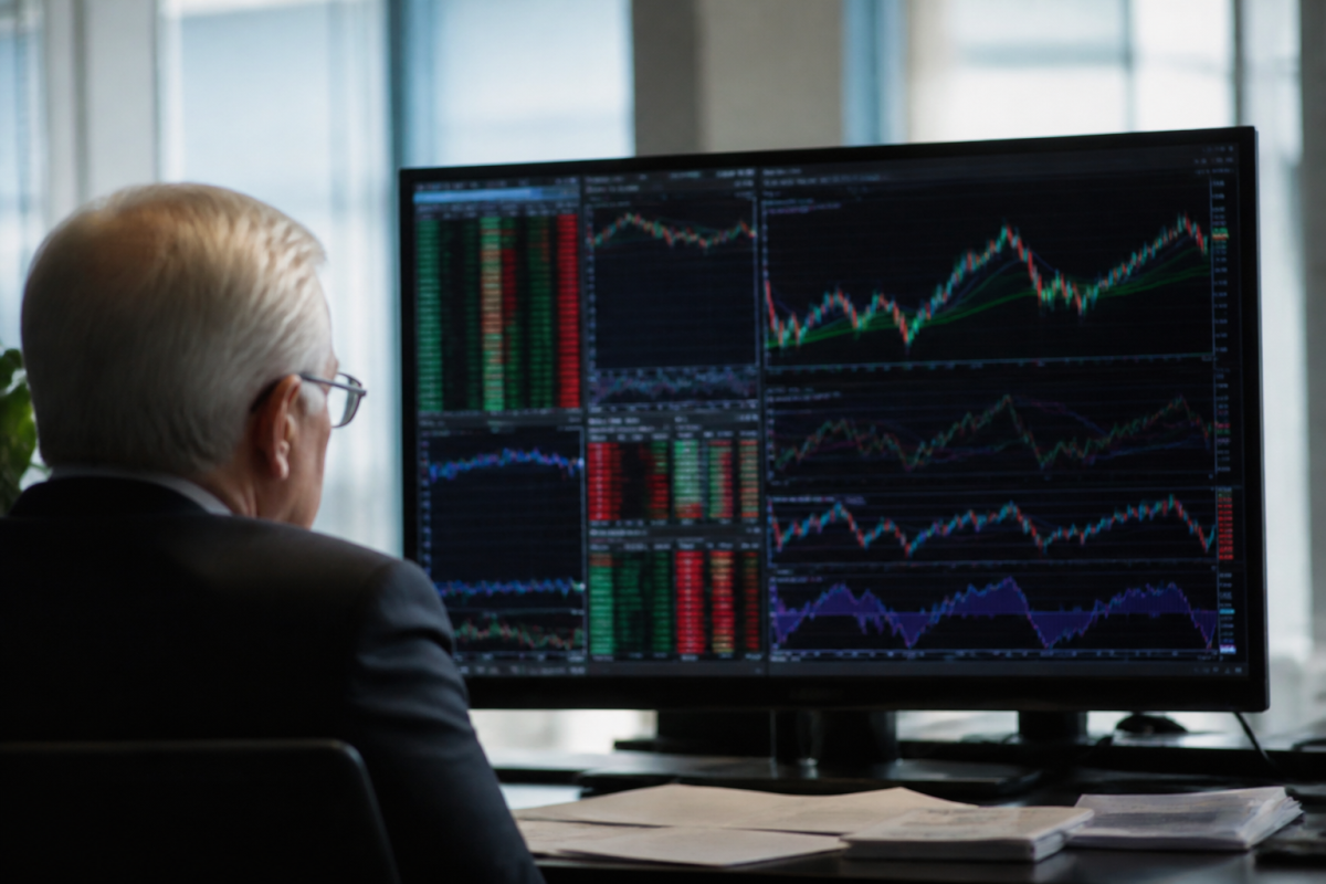 Ecran affichant tableaux financiers complexes et multiples devises bancaires.