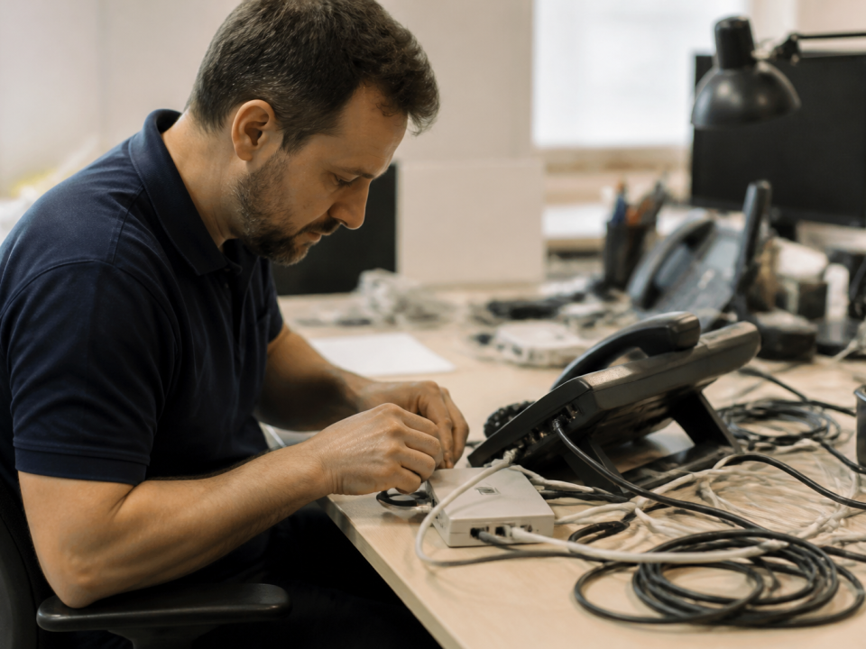 Technicien branché câbles serveur téléphonique professionnel vertical
