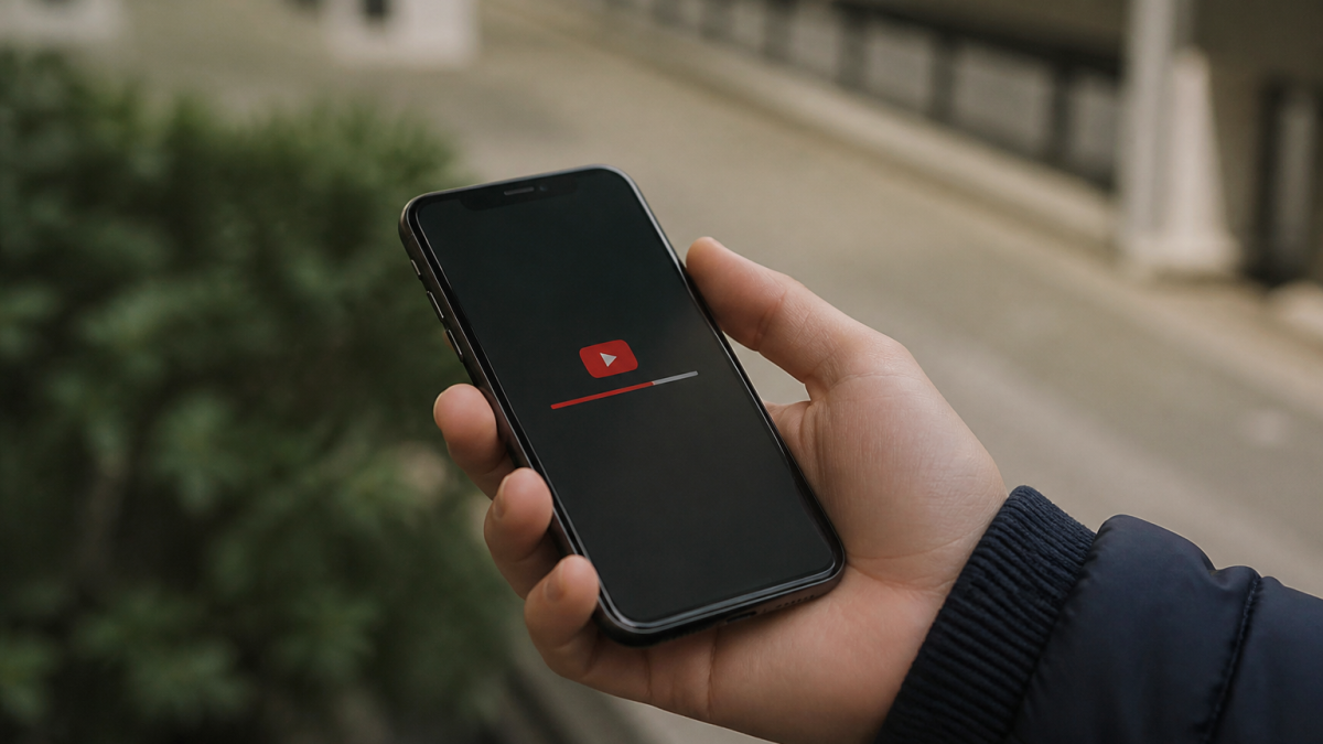 Main tenant iPhone affichant interface YouTube avec bouton telechargement visible