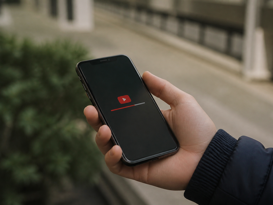 Main tenant iPhone affichant interface YouTube avec bouton telechargement visible