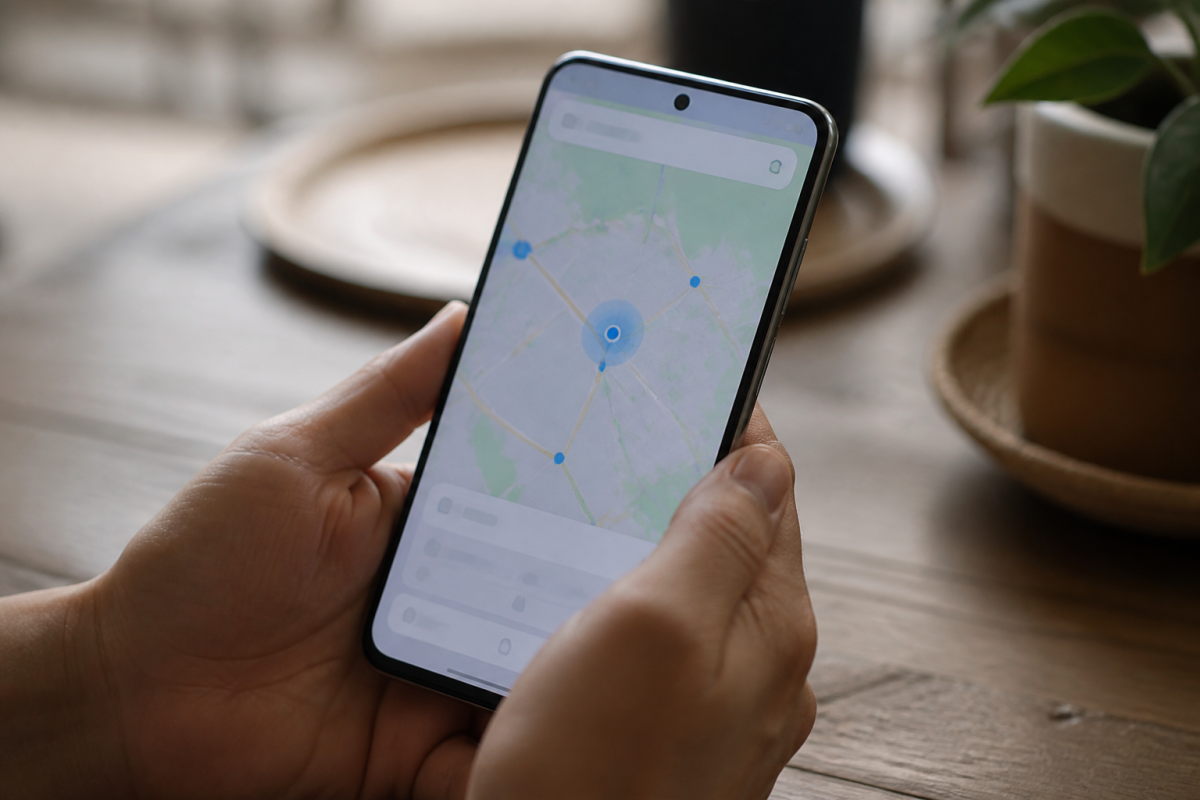 Smartphone Android affichant interface localisation avec compte Google actif