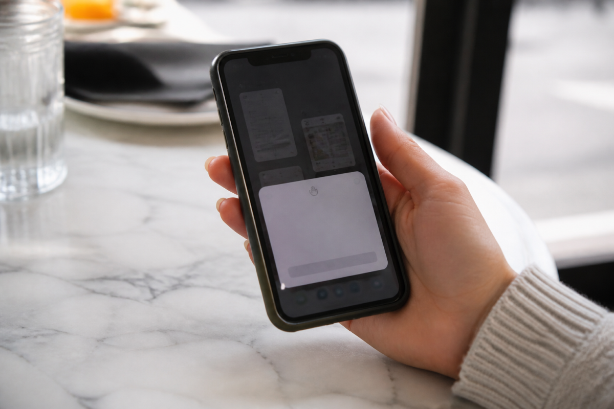 Ecran iPhone affichant menu onglets Safari avec option mode prive