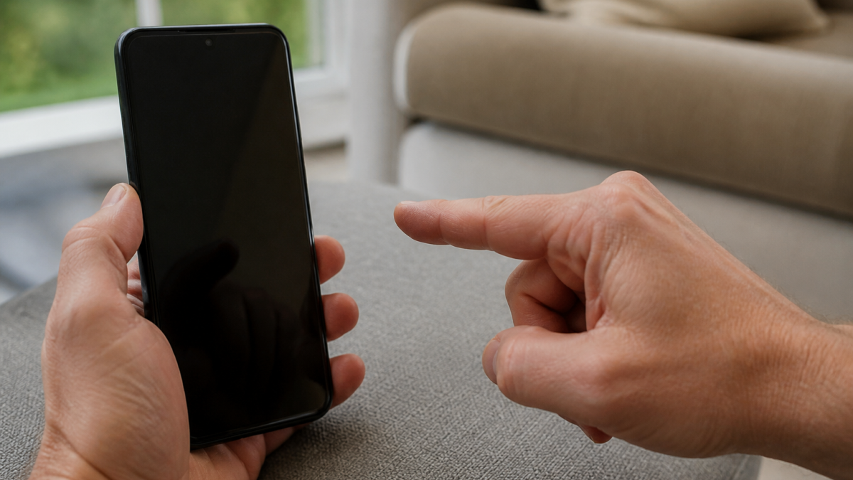 Doigt pointant vers l'ecran verrouille du telephone Samsung