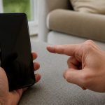 Doigt pointant vers l'ecran verrouille du telephone Samsung