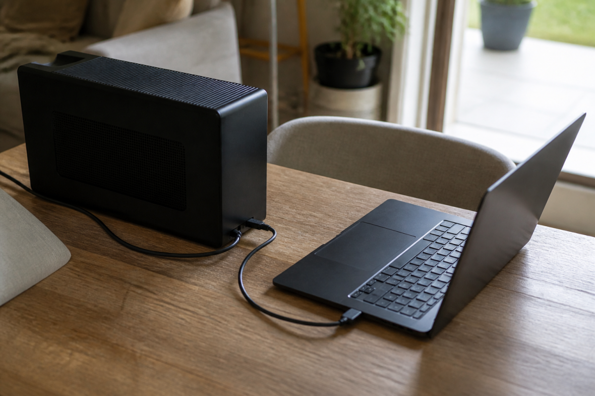 Ordinateur portable neuf avec boîtier eGPU externe branché