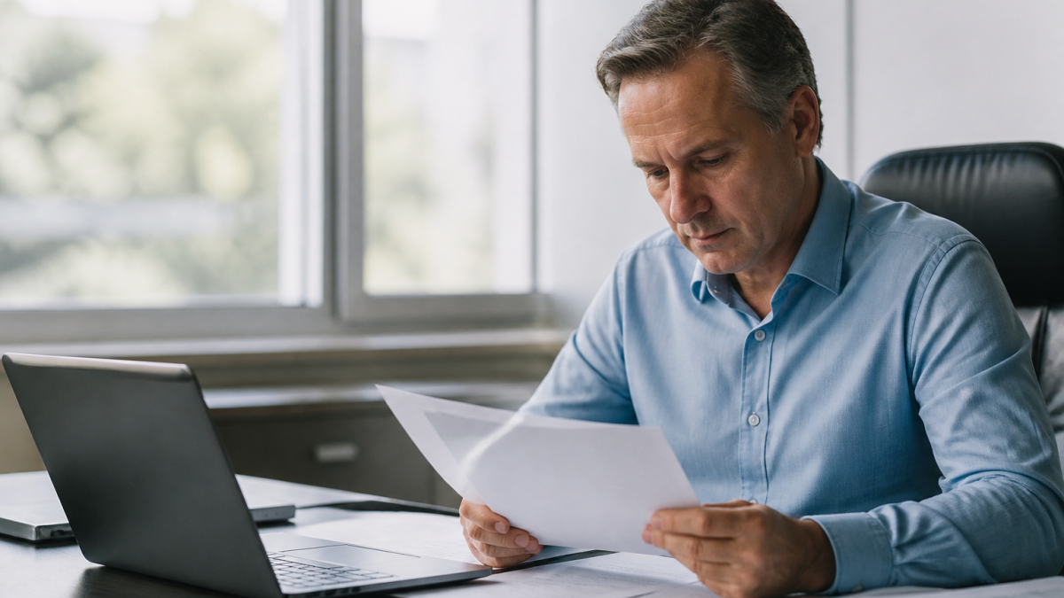Homme assis a son bureau etudiant documents financiers importants