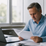Homme assis a son bureau etudiant documents financiers importants