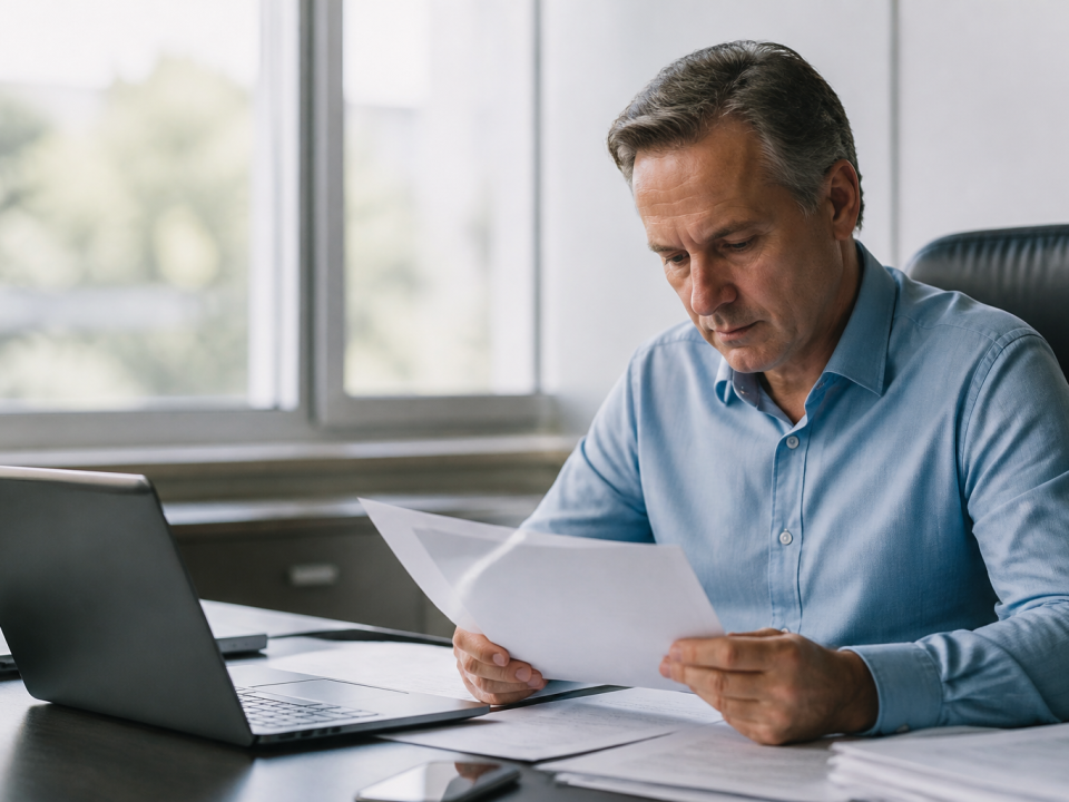 Homme assis a son bureau etudiant documents financiers importants