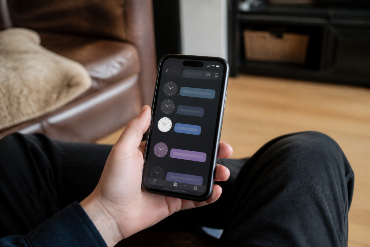 Smartphone affichant interface de messagerie avec horloges fuseaux horaires visibles