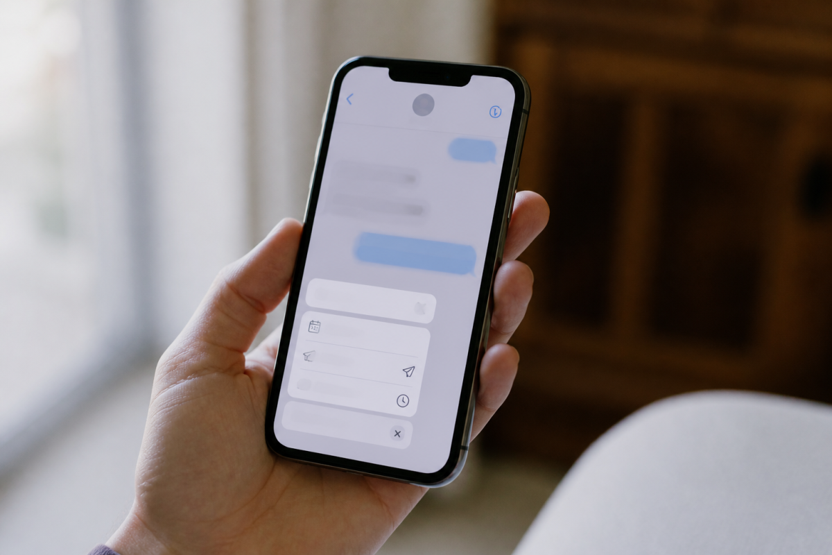 Ecran iPhone affichant application messagerie avec options planification