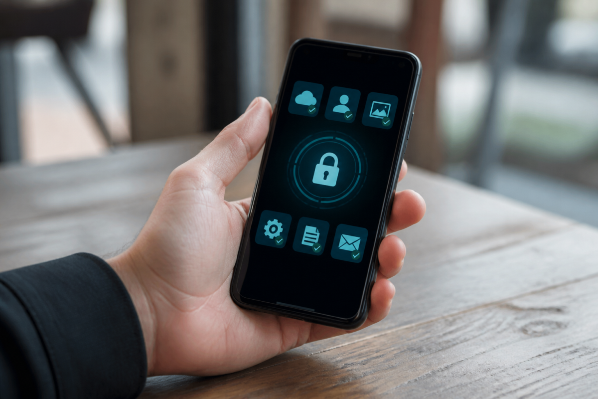 Smartphone affichant cadenas securite avec applications chiffrees activees
