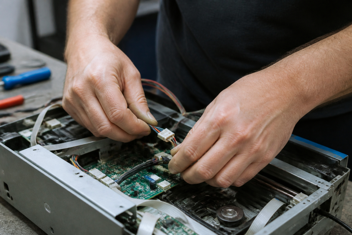 Mains reassemblant composants internes avec connecteurs visibles