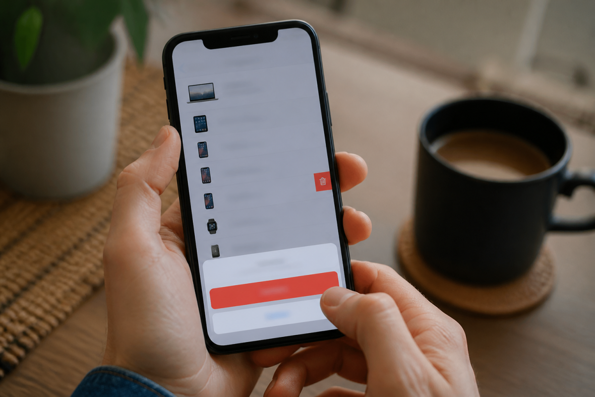 Ecran iCloud affichant liste appareils avec option effacement iPhone