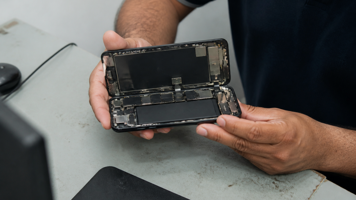 Technicien tenant iPhone 11 ouvert horizontalement, batterie visible