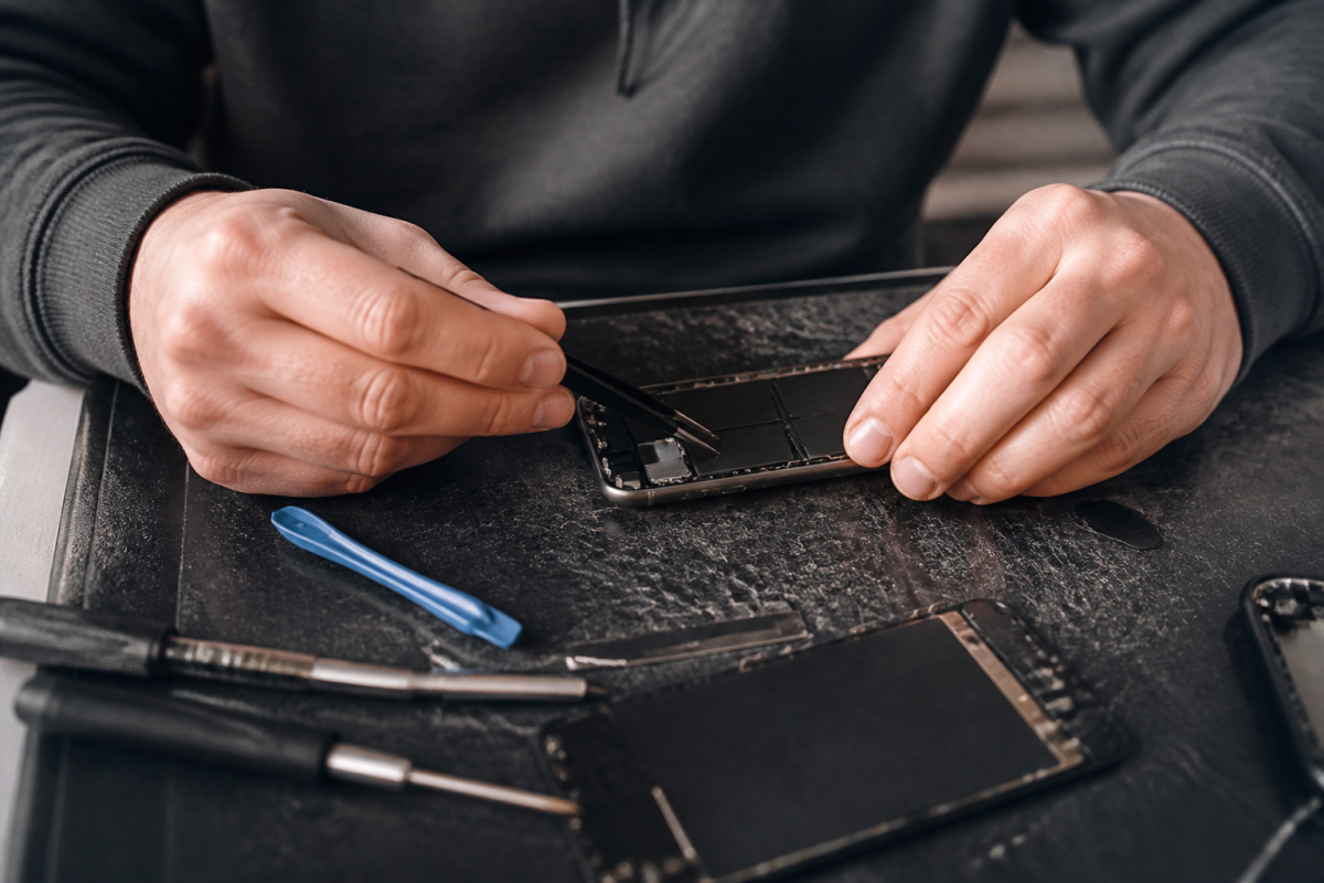 Technicien manipule batterie iPhone avec outils precision delicatement