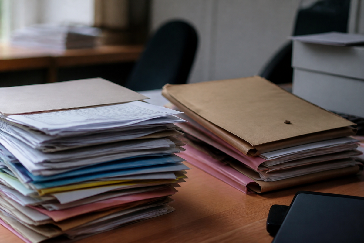 Documents financiers et dossier judiciaire sur bureau professionnel