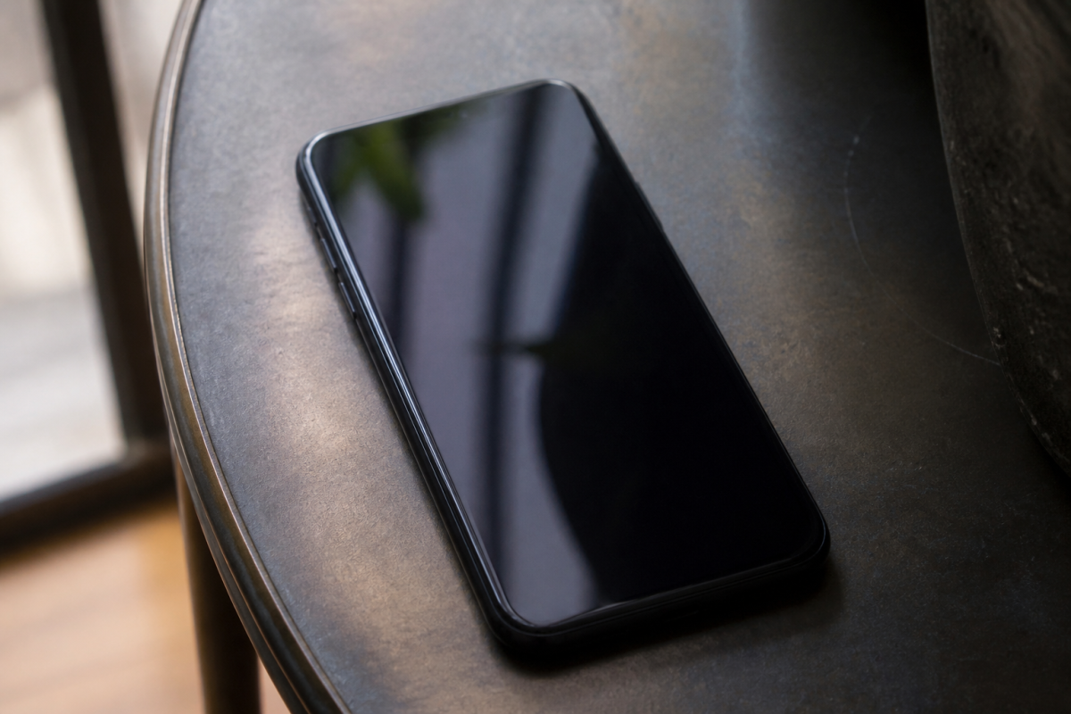 Smartphone noir avec ecran AMOLED affichant interface 5G