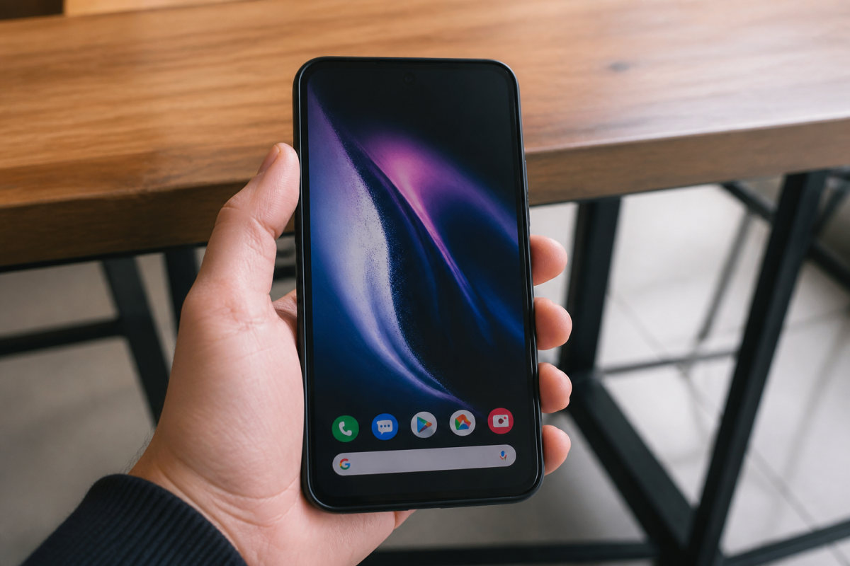 Smartphone noir affichant interface Android avec écran lumineux