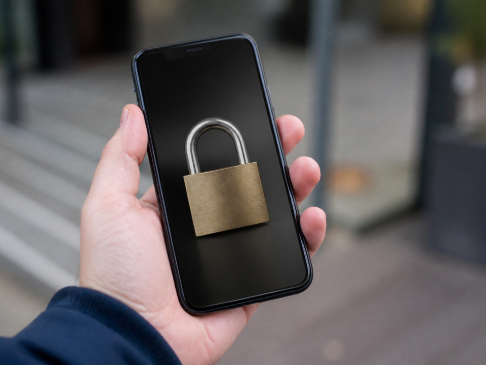 Main tenant smartphone avec cadenas ferme affiche sur ecran