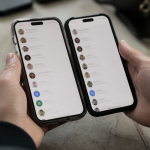 Deux smartphones cote a cote affichant listes contacts synchronisees