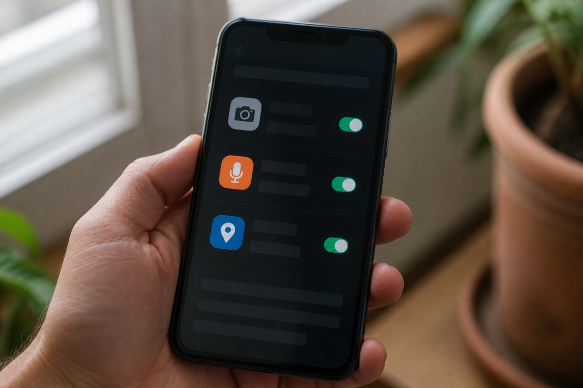 Smartphone affichant parametres applications avec icones camera microphone localisation