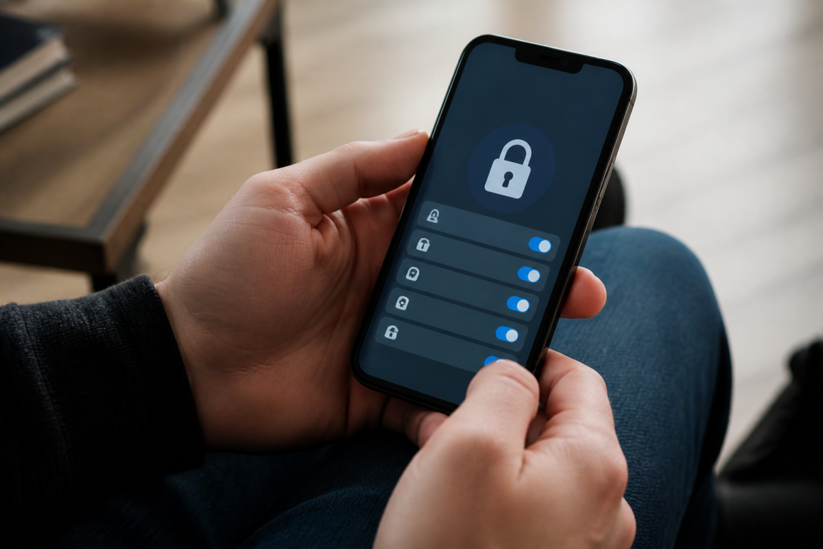 Smartphone affichant paramètres confidentialité avec cadenas ferme
