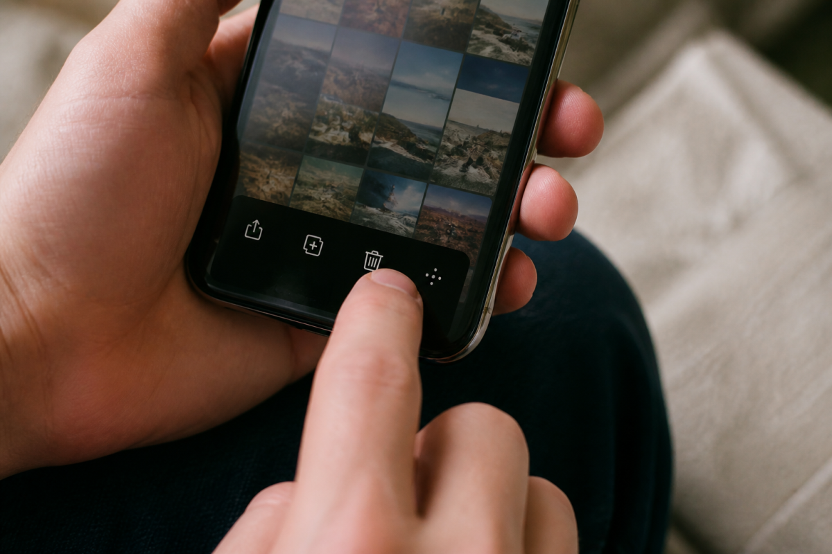 Doigt appuyant sur icone corbeille application galerie smartphone