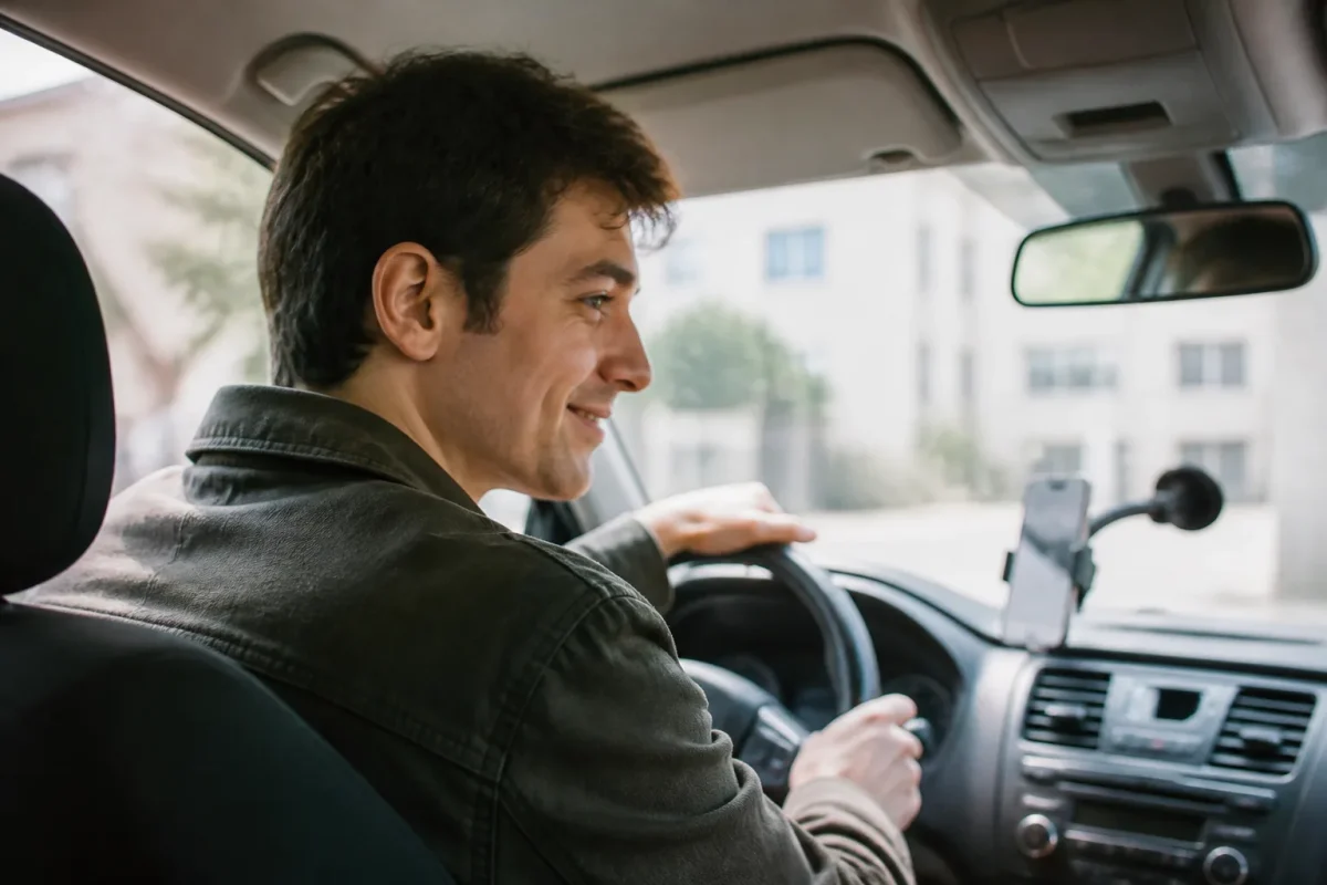 Conducteur souriant smartphone fixe sur support tableau de bord