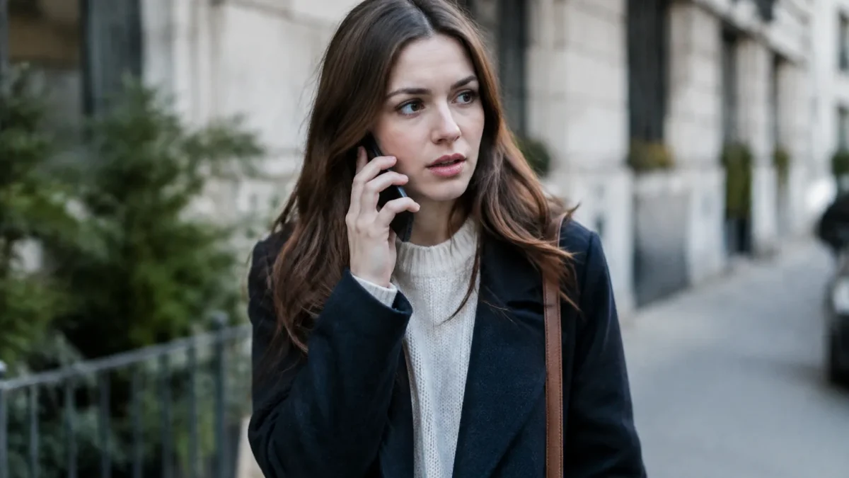 Femme debout tenant un mobile noir contre l'oreille