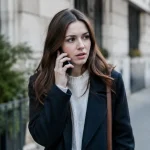 Femme debout tenant un mobile noir contre l'oreille