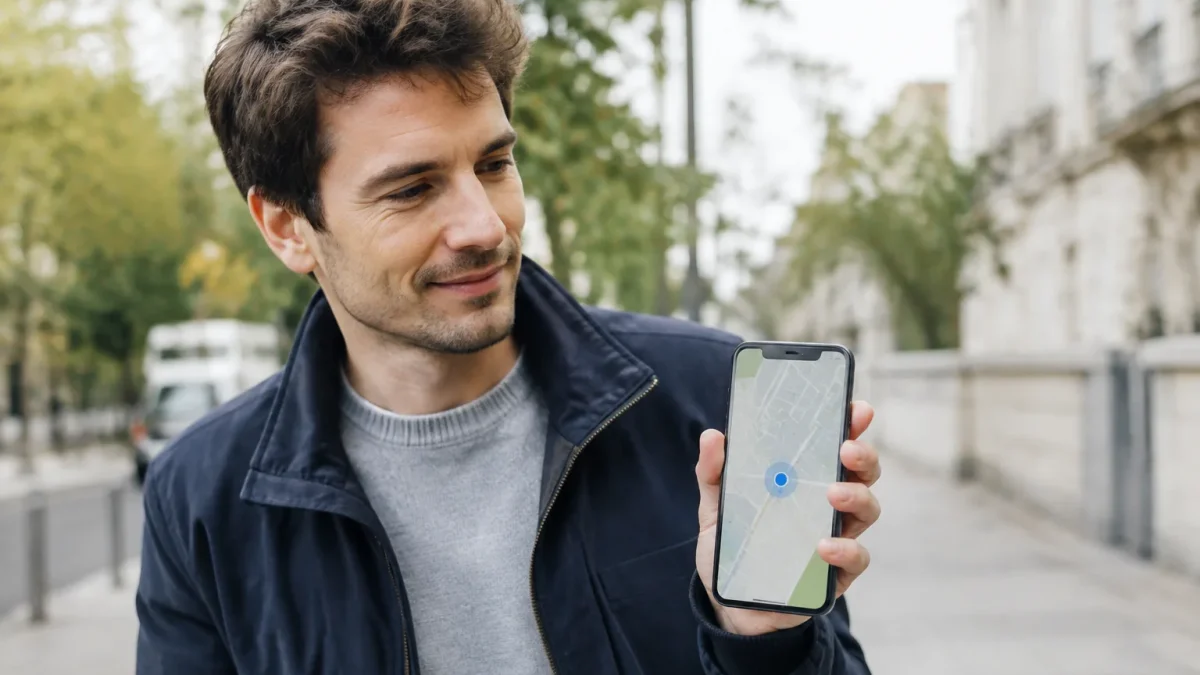 Homme debout tenant smartphone affichant carte point bleu