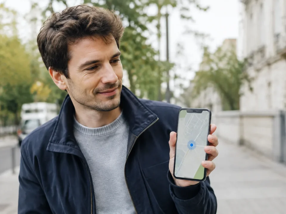 Homme debout tenant smartphone affichant carte point bleu