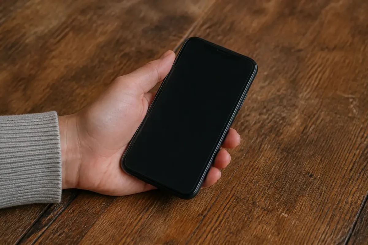 Main tenant un iPhone noir sur table en bois
