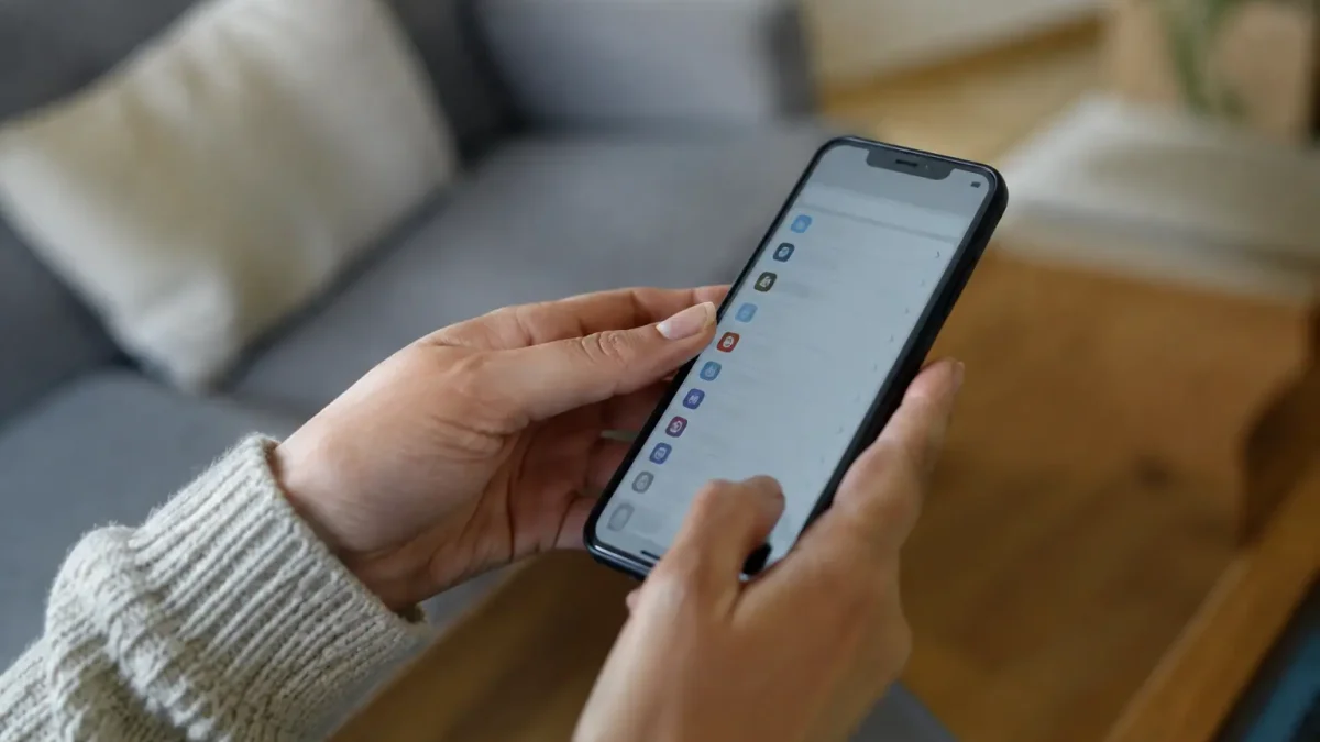 Main tenant un smartphone affichant liste reglages