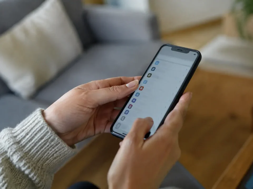 Main tenant un smartphone affichant liste reglages