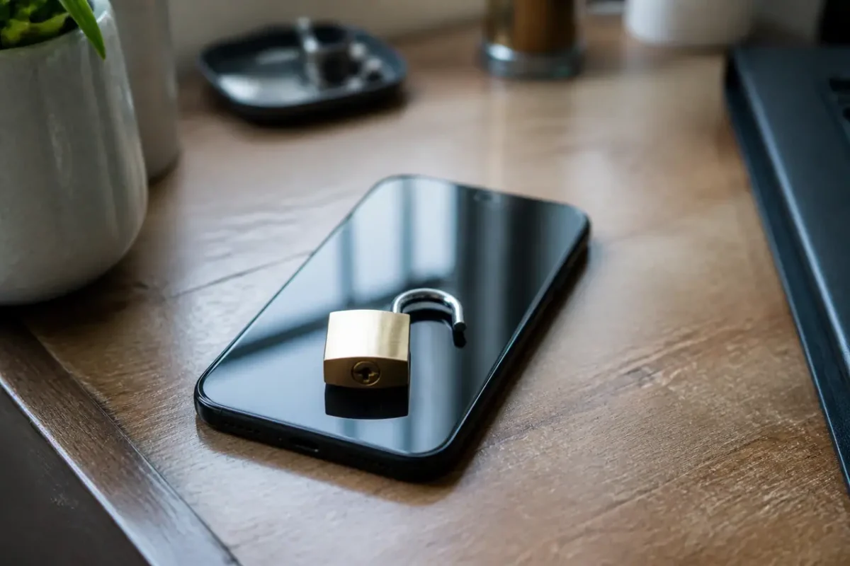 Smartphone noir avec cadenas ouvert sur un bureau