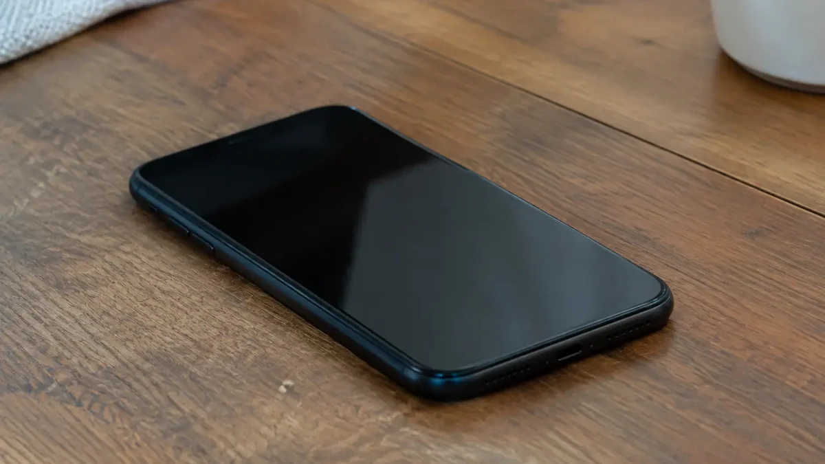 Smartphone noir pose a plat sur table en bois