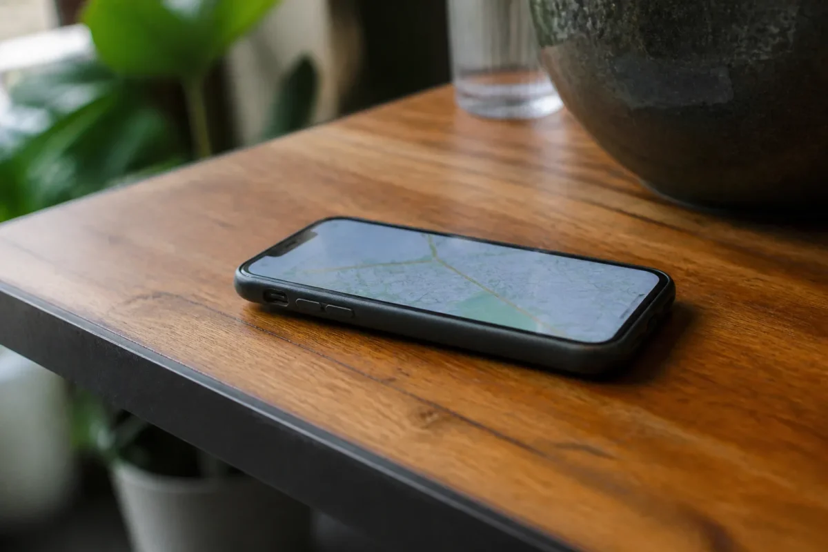 Smartphone posé sur une table affichant une carte GPS