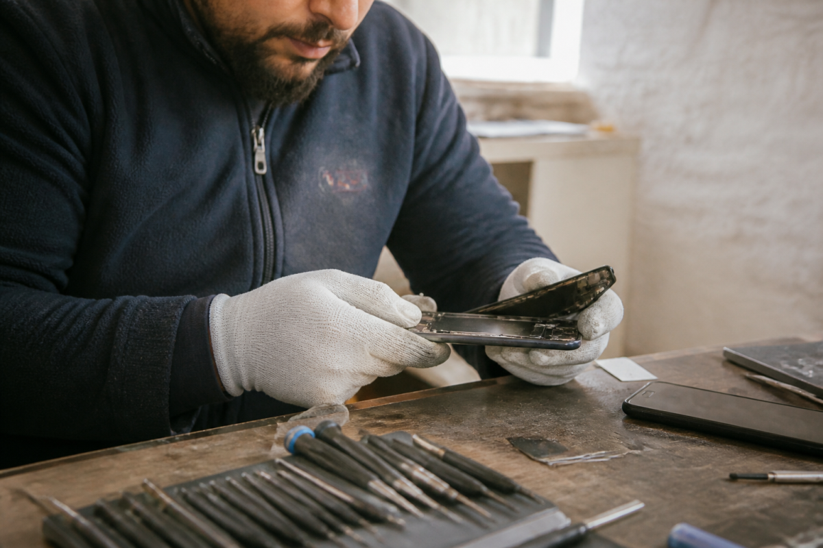 Technicien ganté tenant smartphone ouvert, outils sur table