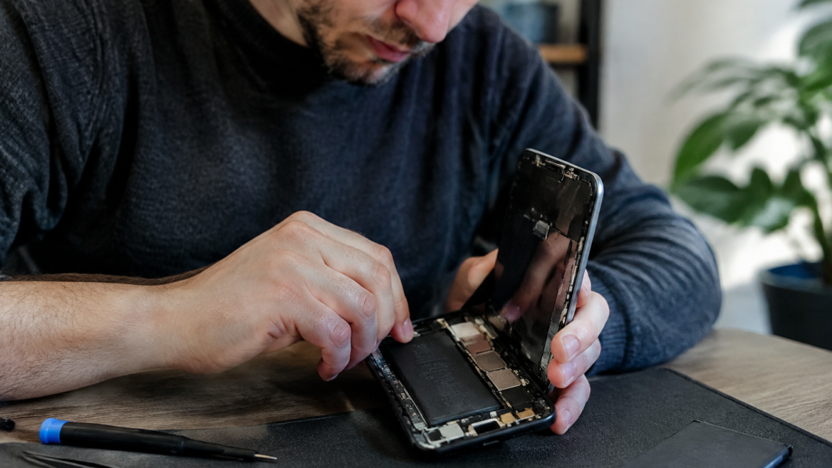 Technicien tient smartphone ouvert pour remplacer accu